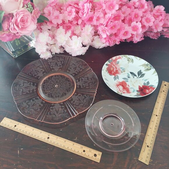 Handmade 3 Tier Pink Depression Glass & Ceramic Floral Dessert Stand - Picture 5 of 10